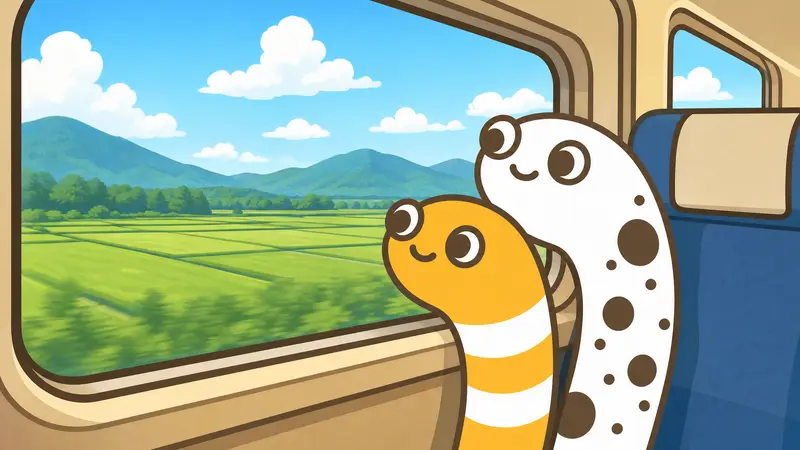 イメージ:列車の窓から田んぼと山をながめるチンアナゴ2匹