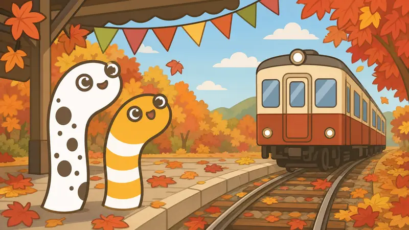 イメージ:紅葉の駅で、臨時列車を迎えるチンアナゴ2匹