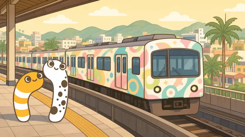 イメージ:南国の町の駅で、模様のラッピングをした電車をながめるチンアナゴ2匹